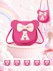 1pc Girls' Popular Cartoon Ear Crossbody Bag, Bowknot Towel Letter Small Purse, Cute Princess Coin Purse Gift For Girls - Hot Pink - View 3