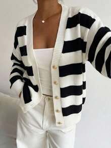 Women's Fashion Striped V-Neck Gold Button Cardigan Long Sleeve Ribbed Knit Sweater For Winter Style - Apricot - View 4