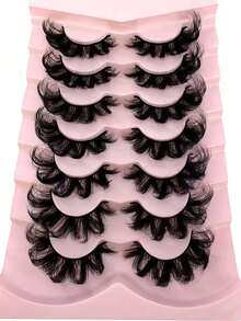 New 7 Pairs Russian Classic Cat Eye Faux Mink False Eyelashes, Natural DD Curl Fluffy Style, Cross Long Dense Faux Mink Strip Lashes, Create Natural Makeup Look - Black - View 1