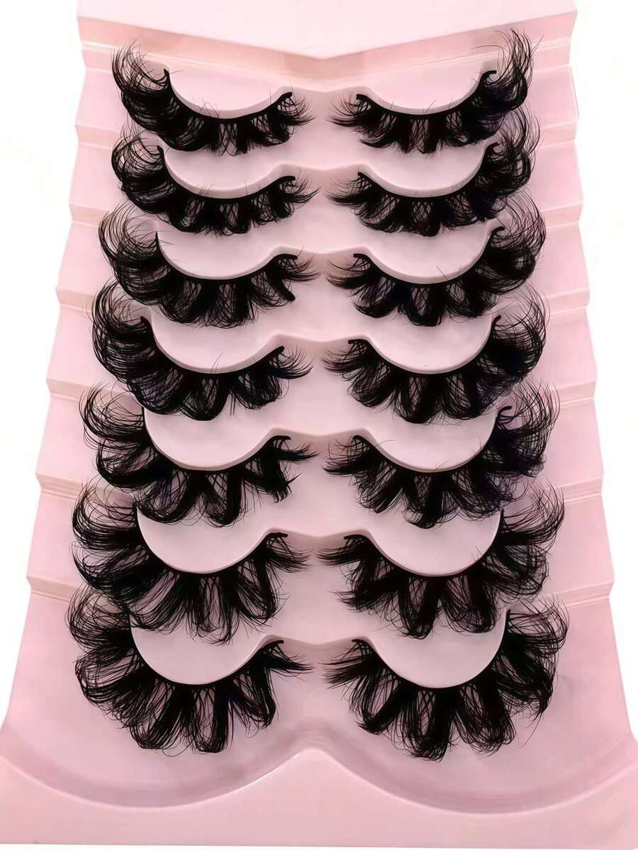 New 7 Pairs Russian Classic Cat Eye Faux Mink False Eyelashes, Natural DD Curl Fluffy Style, Cross Long Dense Faux Mink Strip Lashes, Create Natural Makeup Look - Black - View 1