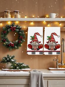 2pcs Santa Gnome Red Truck And Christmas Tree Print Kitchen Towels, Merry Holiday Winter Design Dish Cloths, Suitable For Kitchen Cleaning & Christmas Decor - Red and White - View 3