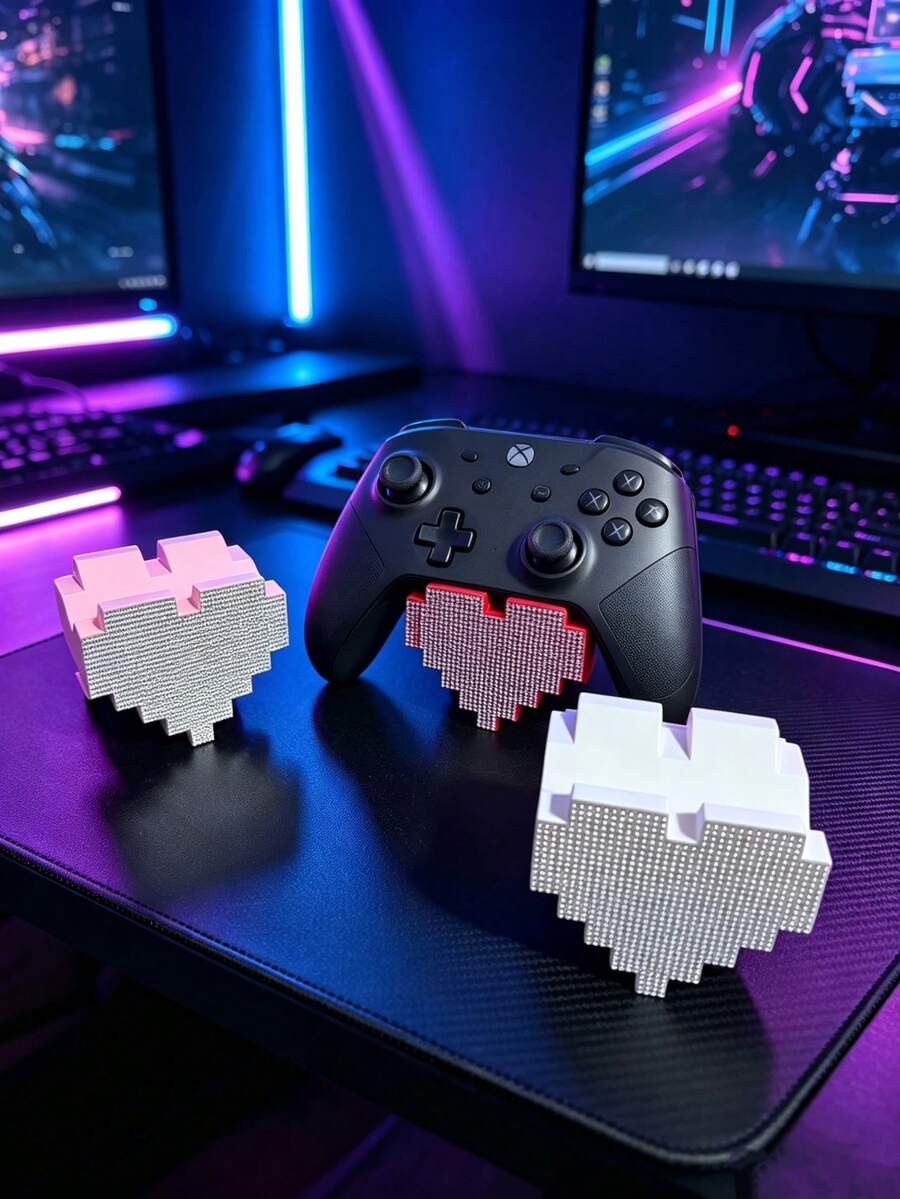 Pixel Heart Ornament With Rhinestone Detail, Pink/Red/White Glitter 8-Bit Love Decor, Cool Gaming Desk Accessory, Gift For Gamers, Cute Room Decor. - View 1