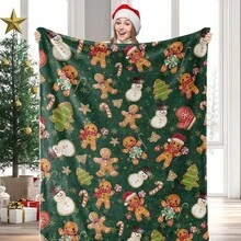 1pc Christmas Green Background Gingerbread Man Snowman Candy Cane Digital Print Flannel Blanket - Modern Style, Comfortable Soft Polyester Knit Fabric For All Seasons, Multi-Purpose, Suitable For Sofa, Bed, Travel, Camping, Chair, Gift Blanket - Green - View 9