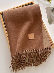 1pc Solid Color Faux Leather Label Tasseled Thick Scarf 65*190cm, Polyester Wool Blend, Fall Winter Shawl For Travel Party Outing, Wear As Scarf Shawl - Multicolor - View 21