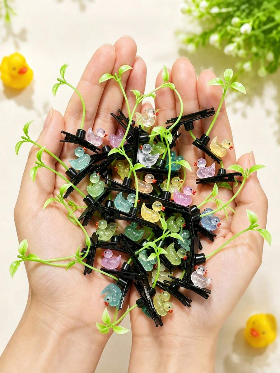 5pcs Cute Fluorescent Duck And Sprout Hair Clips, Fun Random Color Sprout Duck Hair Clips, Suitable For Parties, Music Festivals, Theme Parties, Women's Gifts - Multicolor - View 1