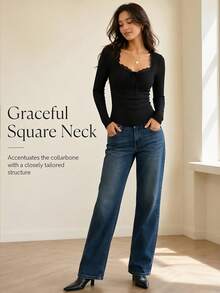 Ladies Lace Trim Square Neck Long Sleeve Ribbed Top, Front Bow Tie Slim Fitted Solid Knit Tee, Casual Blouse For Daily And Going‑Out Occasions - Black - View 6