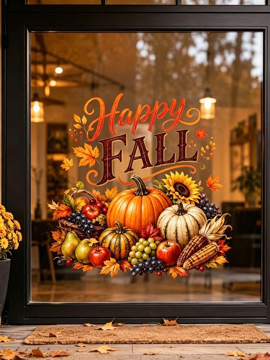 1pc Happy Harvest Pumpkin Window Sticker, Glue-Free PVC Static Cling, Creative Aesthetic, Autumn Window Decal With Sunflower, Maple Leaf And Fruit Patterns, Removable Thanksgiving Home Decor, Autumn Atmosphere Art Window Sticker - Multicolor - View 1