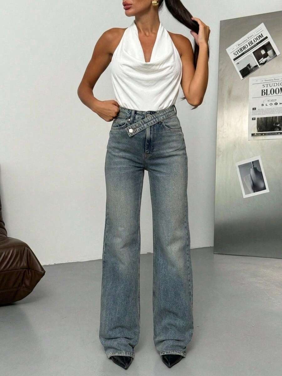 SQUALO Dark Blue Denim Pants With Double Button Detail