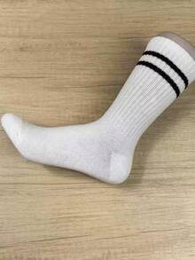 4 Pairs Striped Mid-Calf Socks For Girls, Autumn/Winter Two-Stripe Sports Long Socks, Campus Casual Street Style, Elastic Fit Ankle Without Tightness, Breathable Skin-Friendly Non-Slip Heel, Minimalist Versatile, Student Girls Daily Wear Essential, All-Season Socks - Multicolor - View 4