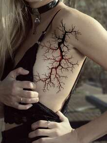 STARTTOOS 1pc Black & Red Gradient Tattoo Sticker, Realistic Blood Vessel, Withered Tree, Lightning Crack Pattern, Suitable For Halloween Makeup, Face, Shoulder, Neck, Temporary Tattoo Sticker - Multicolor - View 3