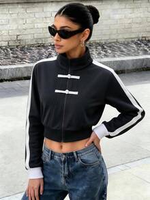 Women's Black New Chinese Style Stand Collar Zipper Short Jacket, Autumn/Winter Casual Sports Style, Suitable For Daily Outings And Formal Occasions - Black - View 4