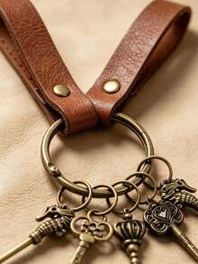 Halloween Medieval Renaissance Style Keychain, Antique Bronze Skull Key & Seahorse Pendant With PU Leather Cord, Vintage Nostalgic Bag Charm Key Ring Decorative Accessory - G45 - View 6