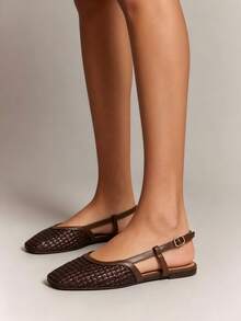 Women's Woven Hollow Back Strap Flat Shoes, Square Toe Adjustable Buckle Retro Style Summer Outdoor Sandals, New Ballet Shoes Casual Comfortable Soft Sole Mary Jane Slip-On Versatile Flat Shoes For Daily Commute - Brown - View 6