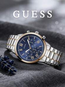 GUESS W1309G4 男士石英計時碼錶 雙色玫瑰金與銀色鋼製錶帶 藍色羅馬數字錶盤 100米防水 商務腕錶 - W1309G4 - 查看 2