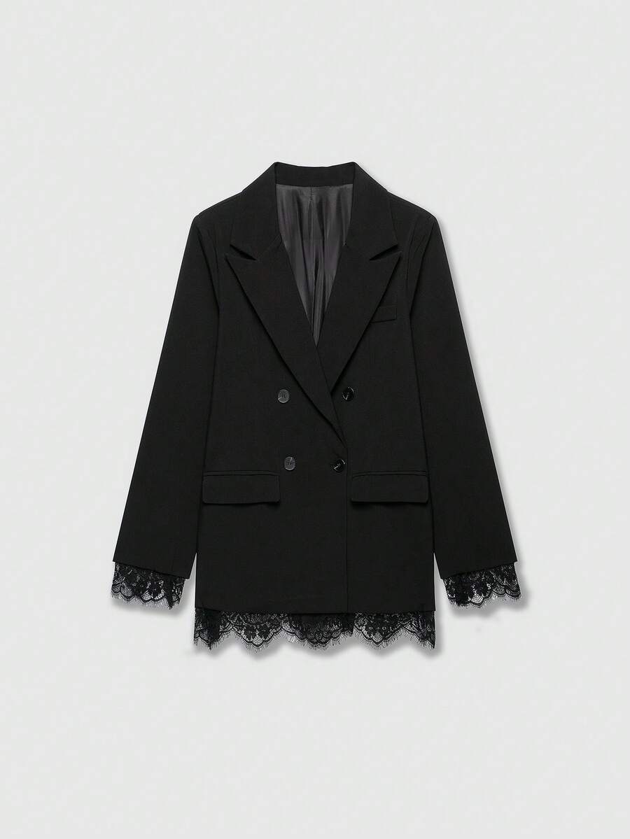 Old Money Style Vintage Lace Casual Blazer - Black - View 1