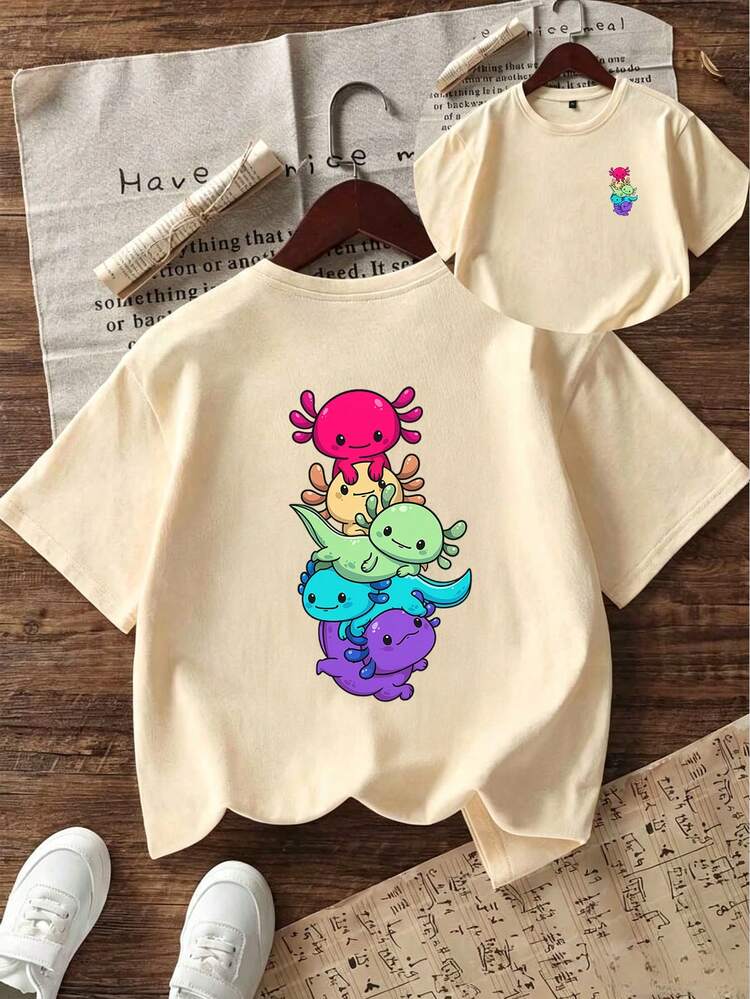 Cute Layered Axolotl Cartoon Print Girl's Loose Plus Size T-Shirt, Teen Girls Crew Neck Short Sleeve Loose Top, Fashion Vacation Beach Casual Daily Wear Top - Apricot - View 1