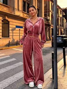 Fashionable Women's Velvet Hooded Short Jacket & Elastic Waist Wide Leg Pants Set, Casual Autumn Outfit Choice, With Pocket Design - Pink - View 1