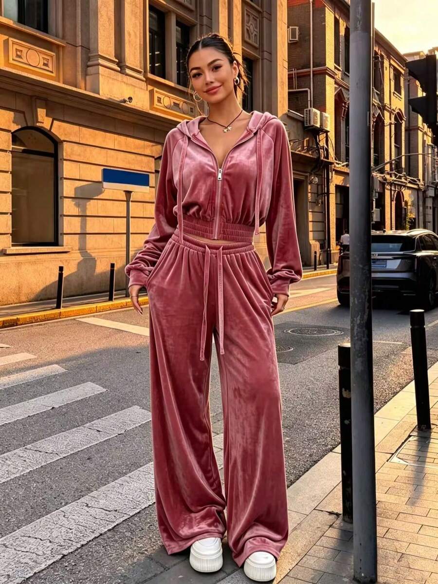 Fashionable Women's Velvet Hooded Short Jacket & Elastic Waist Wide Leg Pants Set, Casual Autumn Outfit Choice, With Pocket Design - Pink - View 1