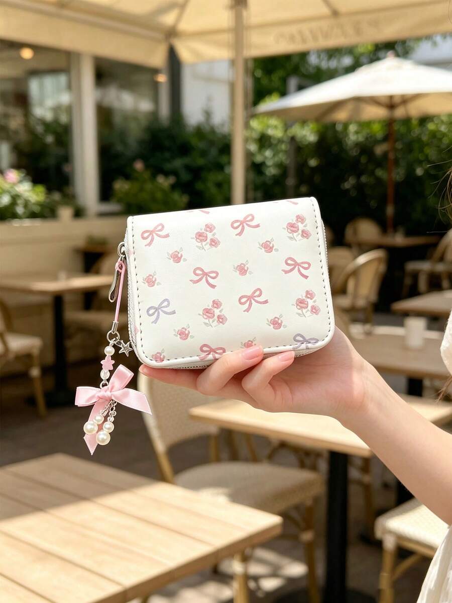 Dompet Kartu/Koin Pendek Motif Polkadot dengan Pita untuk Wanita, Dompet Kecil Portabel Gaya Feminin yang Lucu untuk Pelajar - Putih - View 1