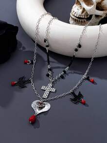 2pcs/Set Sweet Cool Punk Multi-Layer Necklace With Cross, Heart And Bird Pendant, Black And Red Contrast Color Layered Collarbone Chain Accessory - Black and Red - View 3