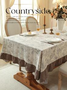 1pc Colorblock Ruffle Edge Tablecloth, Floral Print, Autumn/Winter Atmosphere, Farmhouse Style, Suitable For Dining Table Decor, Picnic Tablecloth, Holiday Celebration, Party Gathering, Birthday Banquet, Daily Dining Table, Kitchen And Dining Room Decoration, All Seasons, Home Decor - Silver - View 11
