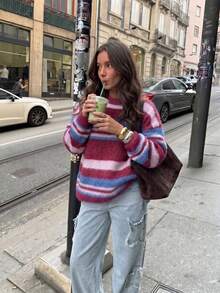 Cloud Verse Retro Multicolor Striped Fuzzy Knit Pullover Y2K Streetwear Loose Fit Long Sleeve Sweater - Multicolor - View 1