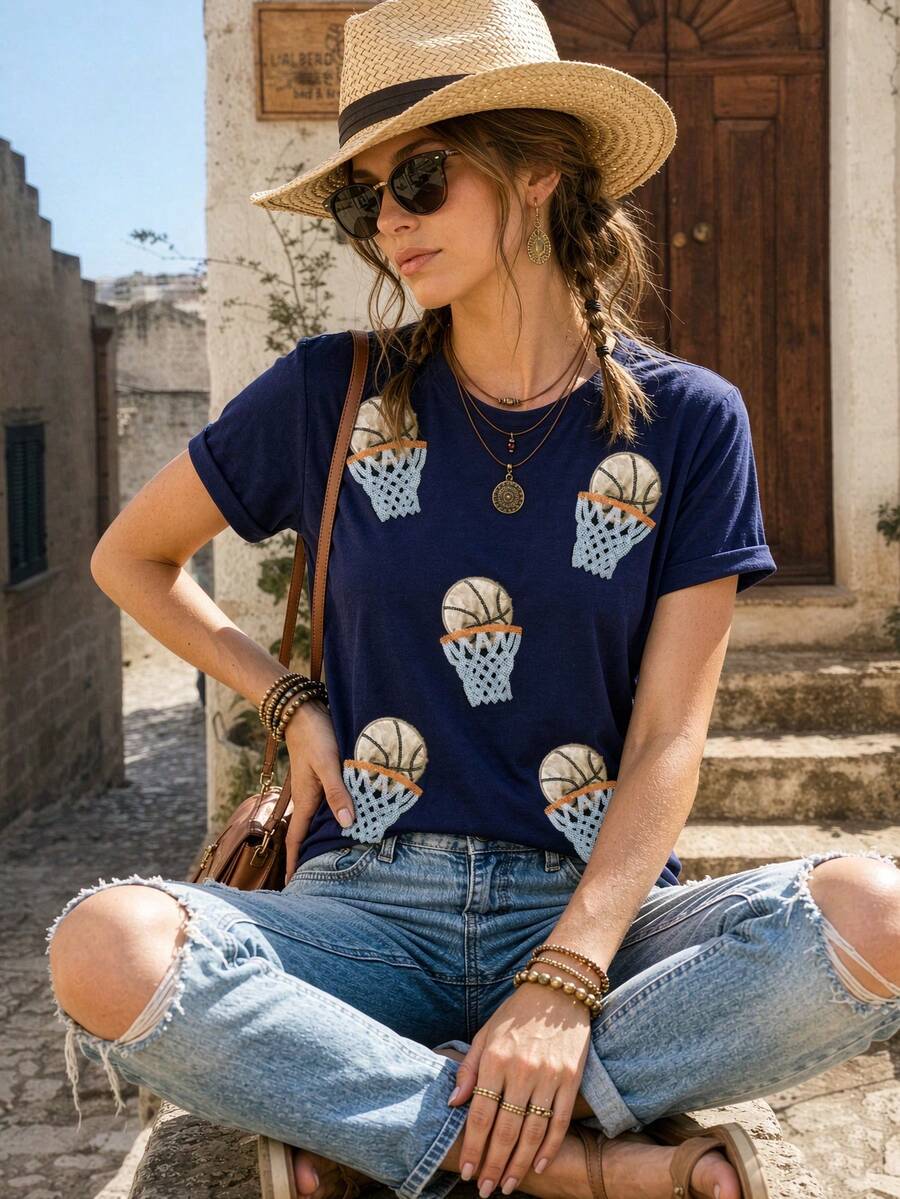 Women's Spring Sequin Basketball Graphic Holiday Short Sleeve T-Shirt - Blue - View 1
