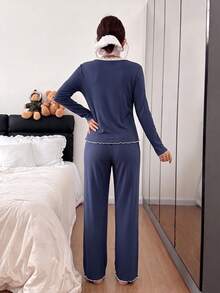 Women's Bow Lace Ribbed Top And Pants 2 Pieces Set - Navy Blue - View 3