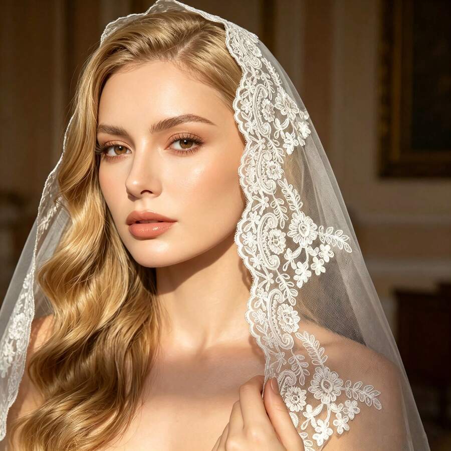 1pc Mantilla Bridal Court Style Long Veil Headpiece With Hair Comb, Lace Trim Mesh Shawl Wedding Dress Accessory For Women - A - View 1