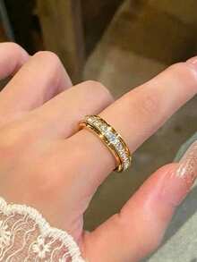 1pc Stainless Steel Rotating Double Ring Square Zirconia Lucky Spinner Ring - Gold - View 5