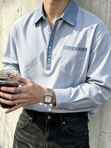 Men's Fine Striped Henley Collar Pullover Polo Shirt, Versatile For Spring And Autumn - Blue - View 2