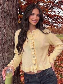 Autumn New Women's Korean Sweet Style Ruffle Trim Yellow Long Sleeve Knit Cardigan, Cute Casual Daily Sweater Jacket For Back To School And Commuting - Yellow - View 3