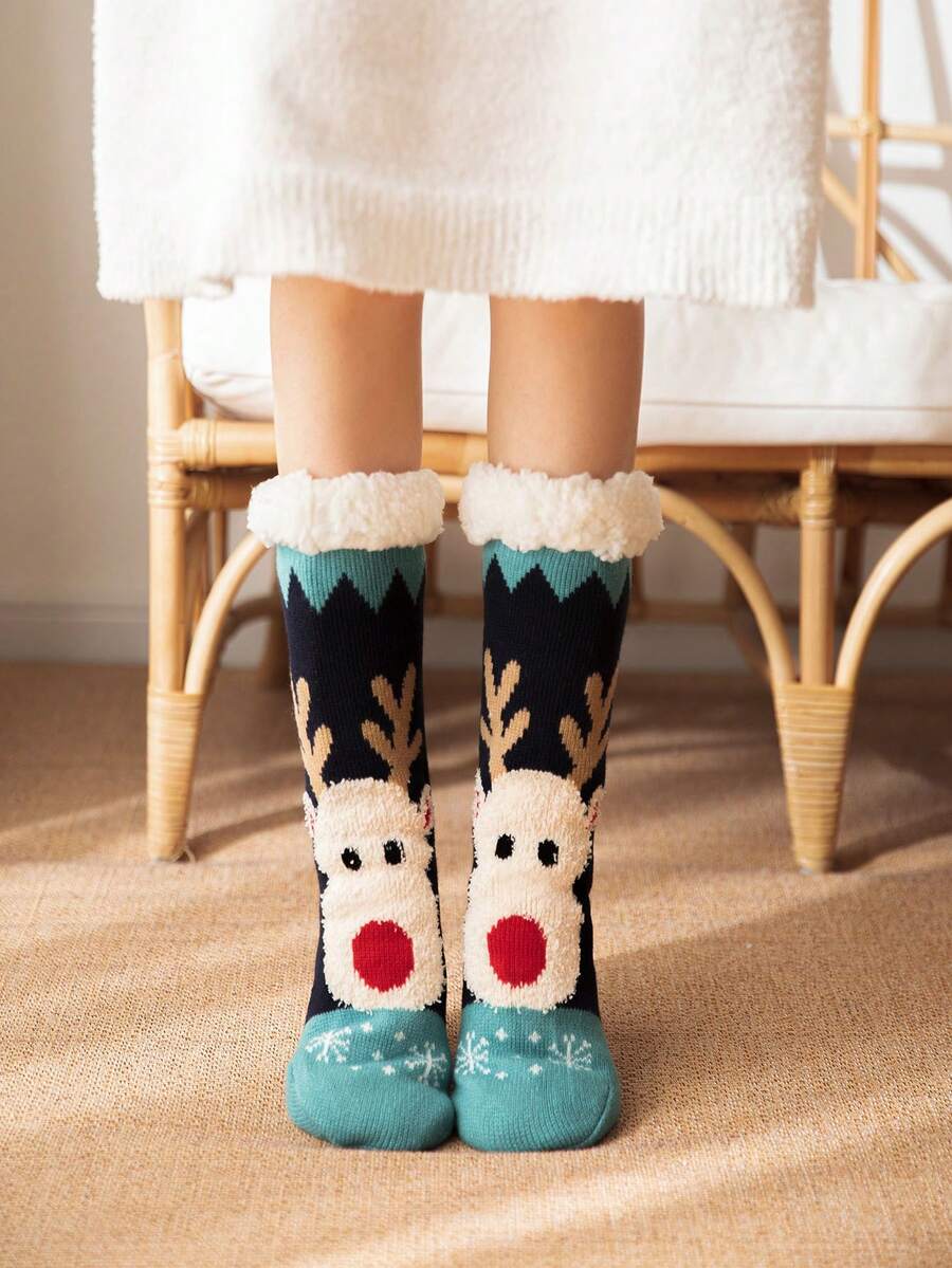 1 Pair Women's Fuzzy Socks, Thickened Plush Mid-Calf Socks, Christmas Gift For Women In Autumn And Winter - Navy Blue - View 1