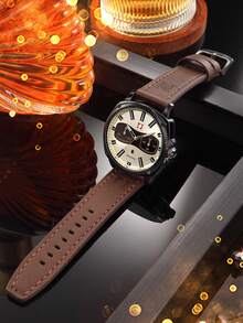 Never-Stop Men's Quartz Watch Round Color-Block Multifunction Chronograph Dial Stitched Embossed Leather Strap Workwear Men's Watch Multi-Color Options Daily Versatile Holiday Gift - one-size - View 13