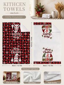 2pcs Red & Black Plaid Cute Gnome Christmas Tree Snowflake Pattern Kitchen Towels, 40*60cm Soft Microfiber Material Tea Towels, Suitable For Home Kitchen Restaurant Outdoor Camping Tabletop Cleaning Dish Cloth Hand Towel Accessories Christmas Theme Kitchen Towels Holiday Gift - Multicolor - View 3