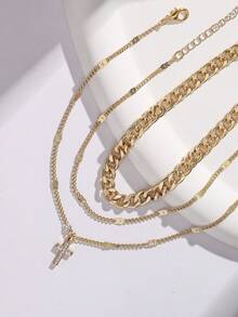 Nooxian 3件組經典銅珠十字架吊墜腳鍊，分層混搭設計創意十字腳飾女款 - 金黃色 - 查看 3