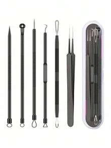 6/4/1pc Blackhead Removal Tool Set (Pimple Extractor Kit) - For Removing Blemishes, Treating Acne And Clearing Facial Blackheads (Black - Includes Storage Box); Suitable For Daily Beauty, Skincare, Spa And Facial Care. - Multicolor - View 1