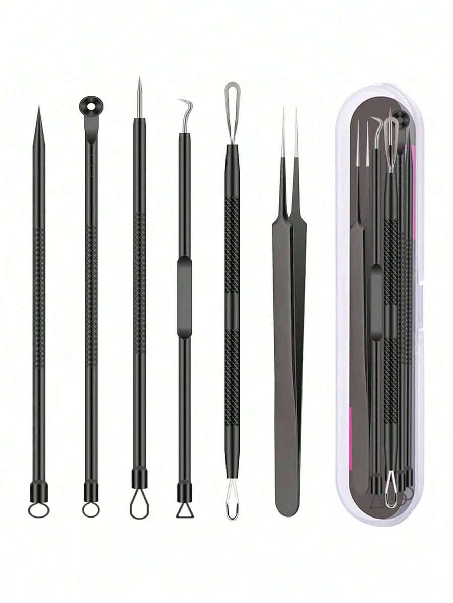 6/4/1pc Blackhead Removal Tool Set (Pimple Extractor Kit) - For Removing Blemishes, Treating Acne And Clearing Facial Blackheads (Black - Includes Storage Box); Suitable For Daily Beauty, Skincare, Spa And Facial Care. - Multicolor - View 1