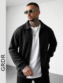 GRDR Honeycomb Waffle Knit Turn-Down Collar Full Zip Long Sleeve Jacket Men's Casual Sweatshirt - Black - View 7