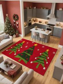 1pc Red Background Green Christmas Tree White Snowflake Gold Star Print Floor Mat, Christmas Home Decor, Premium Floor Mat, Welcome Mat, Suitable For Kitchen, Hallway, Living Room, Bedroom And Laundry Room - Easy To Clean, Durable, Long-Lasting, Christmas - A - View 6