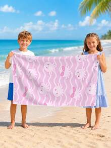 1pc Cartoon Pink Octopus Wave Pattern Children's Beach Towel, Super Soft Microfiber Extra Large Beach Blanket, Super Absorbent Bath Towel, Suitable For Travel, Swimming Pool, Diving, Surfing, Yoga, Camping, Available In Multiple Sizes, Beach Accessories - Multicolor - View 7