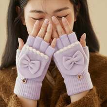 1 Pair Knitted Bow Touchscreen Gloves - Washable, Woven Fabric, Autumn/Winter Thick Double-Layer Warm, Colorblock Elastic Cuff Cold-Proof Gloves - A - View 2