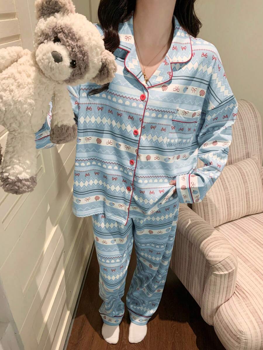 2pcs Women's Pajama Set, Lapel Cardigan Asymmetrical Print Long Sleeve, Suitable For All Seasons - Multicolor - View 1