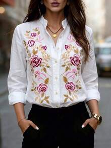 Women's White Floral Embroidered Stand Collar Long Sleeve Button Front Shirt Casual Business Office Home Vacation Spring Autumn Winter - White - View 4