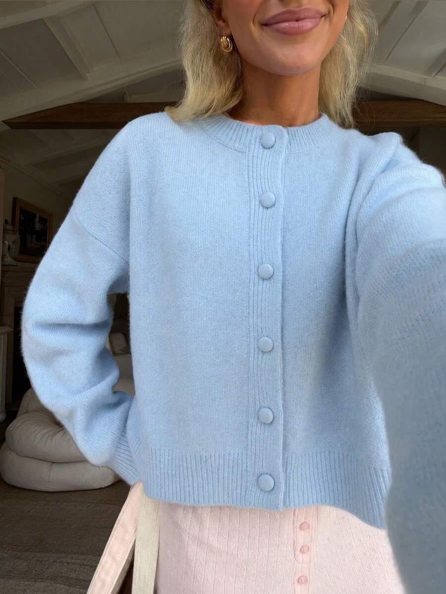 MORI Autumn/Winter Baby Blue Knit Cardigan Sweater, Girls' Solid Color Button Round Neck Pullover, Preppy Style Basic Outfit For Vacation And Outings - Blue - View 1