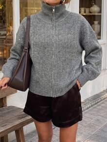 Women's Half-High Collar Zip-Up Knit Sweater, Slouchy Lantern Sleeve Pullover - Grey - View 3