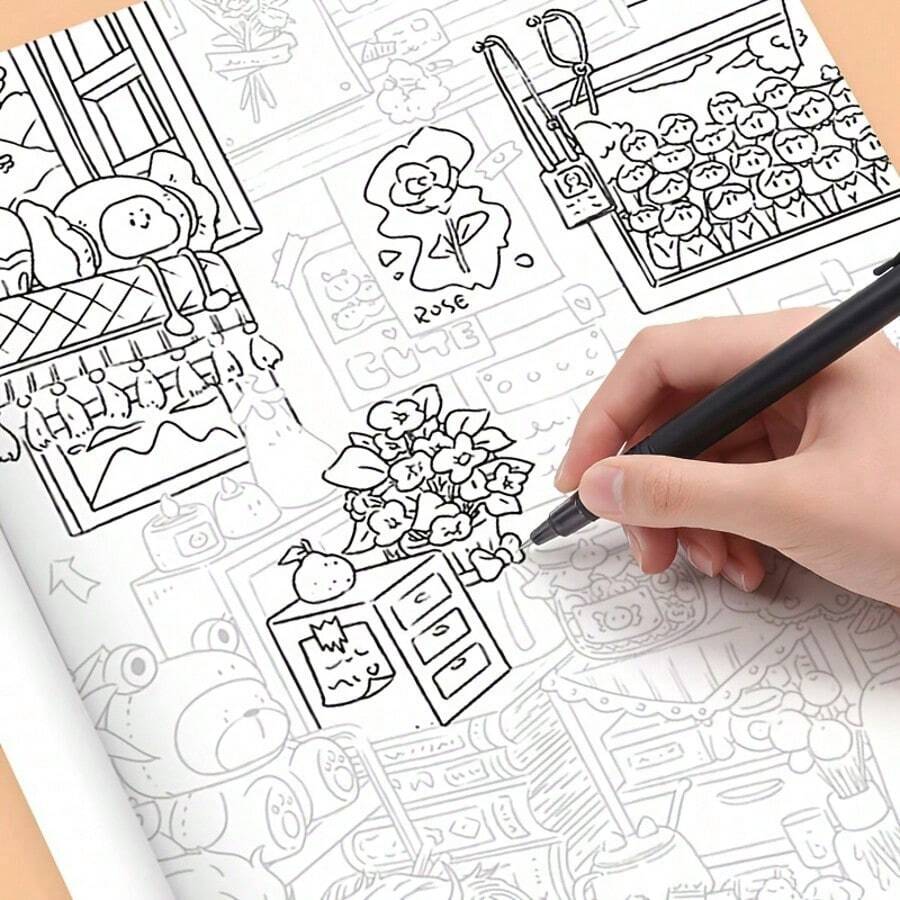 Doodle Tracing & Coloring Book, 29*21cm Large Format, Single-Sided Thick Paper, Anti-Bleed, Massive Collection Of Cute Doodle Patterns, Combines Line Tracing & Coloring Gameplay - Single Piece - View 1