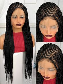 A ANYTIME Wig Lace Depan Kepang Kotak Hitam untuk Wanita, Wig Kepang Sintetis Lace Penuh, Rambut Kepadatan Tinggi untuk Pemakaian Sehari-hari - Hitam - View 12