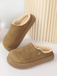 Sepatu bakiak musim dingin wanita model mule tanpa bagian belakang berbahan suede imitasi warna polos dengan lapisan bulu lembut. - Khaki - View 2