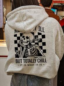 1pc Unisex Skull Slogan Checkerboard Print Comfortable Pullover Sweatshirt, Y2K Grunge Streetwear Sweatshirt Fall - Dark Gray - View 1